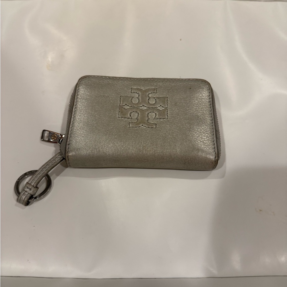 Tory Burch Silver Leather Keychain Wallet